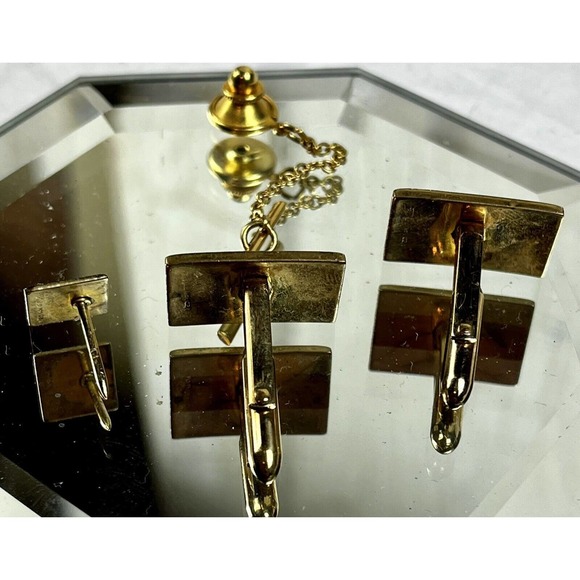 Yellow Gold 14K Filled 1/20th Quality Vintage Cuff Links & Tie Tack Set w/ Box - Picture 10 of 16